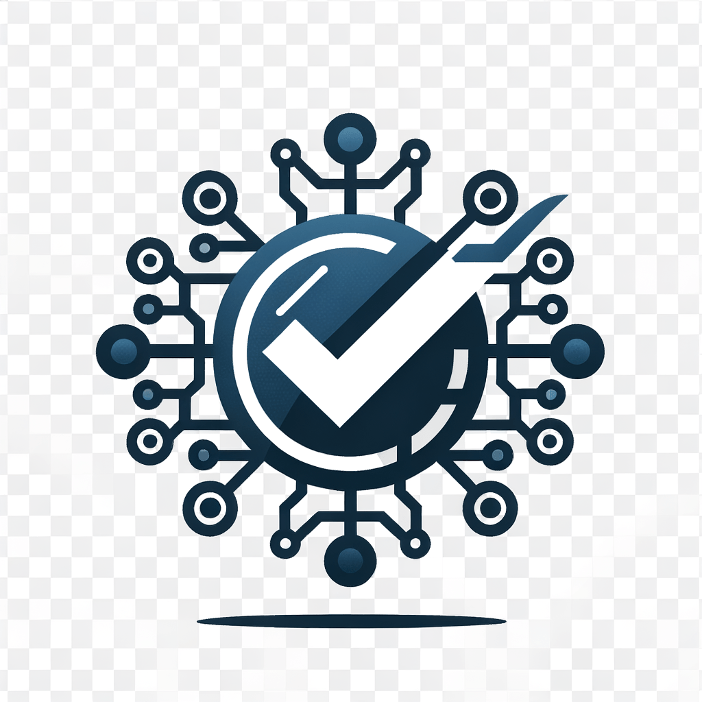 Создай логотип без надписей для онлайн сервиса CRM, которая называется CRMHUB. Фон пусть будет прозрачный, логотип состоит из простых элементов, не более 5 элементов в логотипе. Обязательно должна быть галочка выполненного задания посередине и несколько ответвлений символизирующих сеть. Используй синий и тёмно-серый цвета.